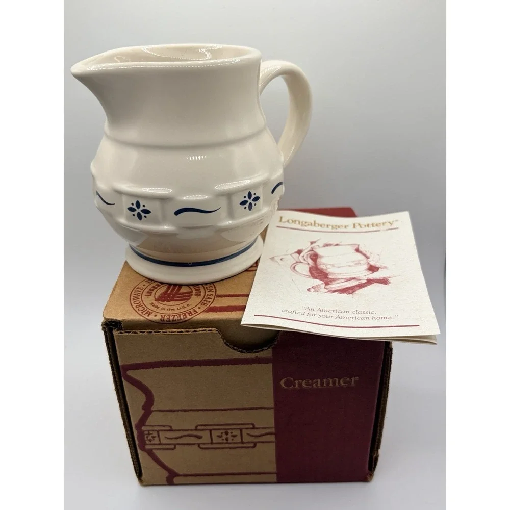 Vintage‎ Longaberger Pottery Woven Traditions Classic Blue Creamer NOS